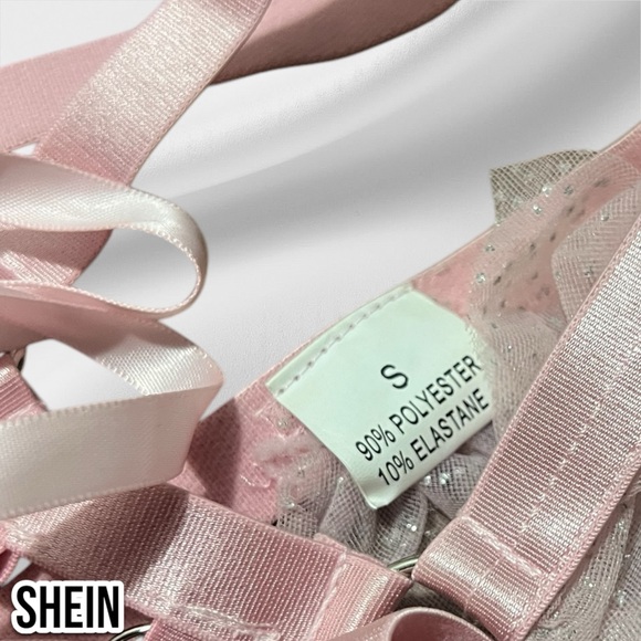 SHEIN Ruffle Trim Ring Linked Garter Lingerie Set Baby Pink - Picture 4 of 7